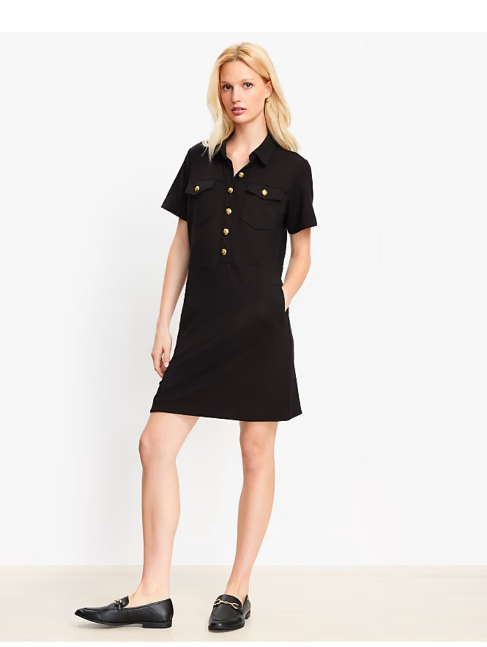 LOFT Black Pointe Mini Pocket Dress Gold Button Front Utility Collared 12
